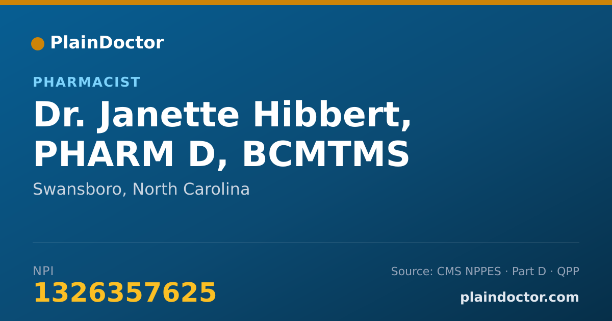 Shareable card for Janette Hibbert, PHARM D, BCMTMS - Pharmacist, Swansboro, NC
