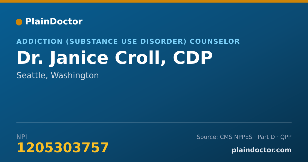 Shareable card for Janice Croll, CDP - Addiction (Substance Use Disorder) Counselor, Seattle, WA