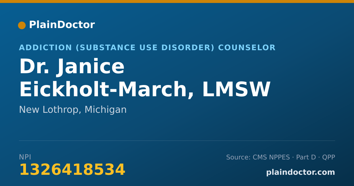 Shareable card for Janice Eickholt-March, LMSW - Addiction (Substance Use Disorder) Counselor, New Lothrop, MI