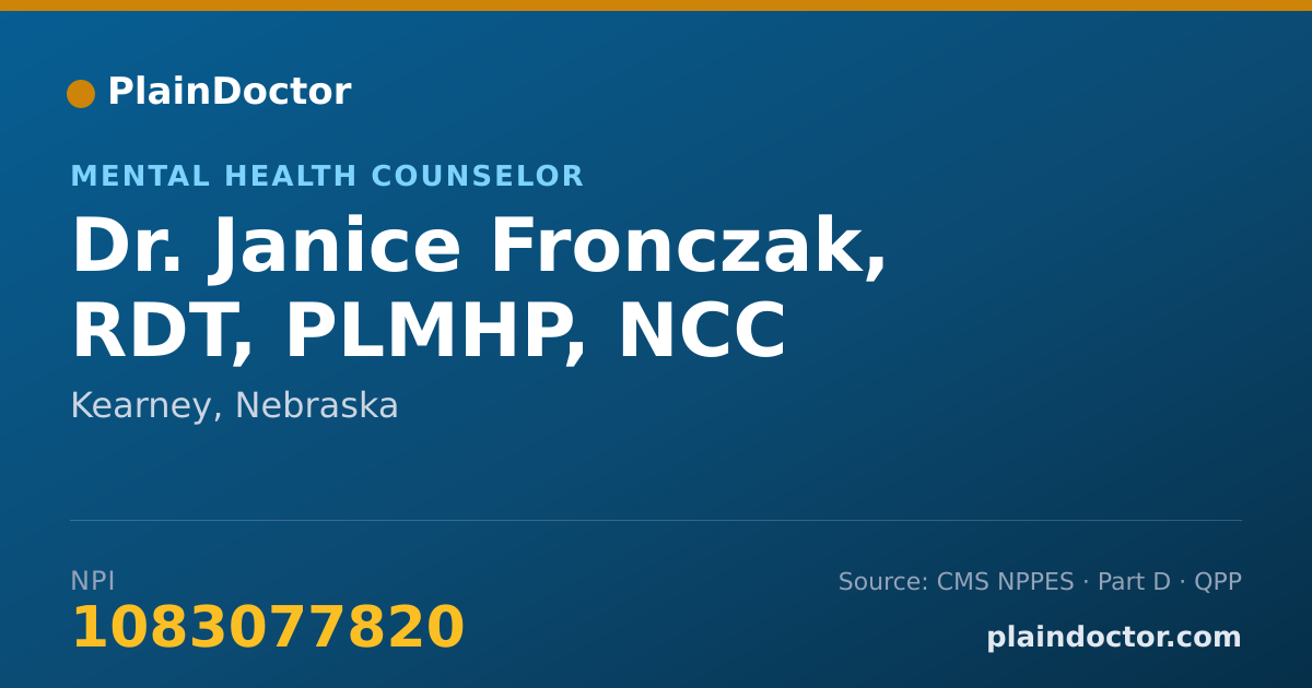 Shareable card for Janice Fronczak, RDT, PLMHP, NCC - Mental Health Counselor, Kearney, NE