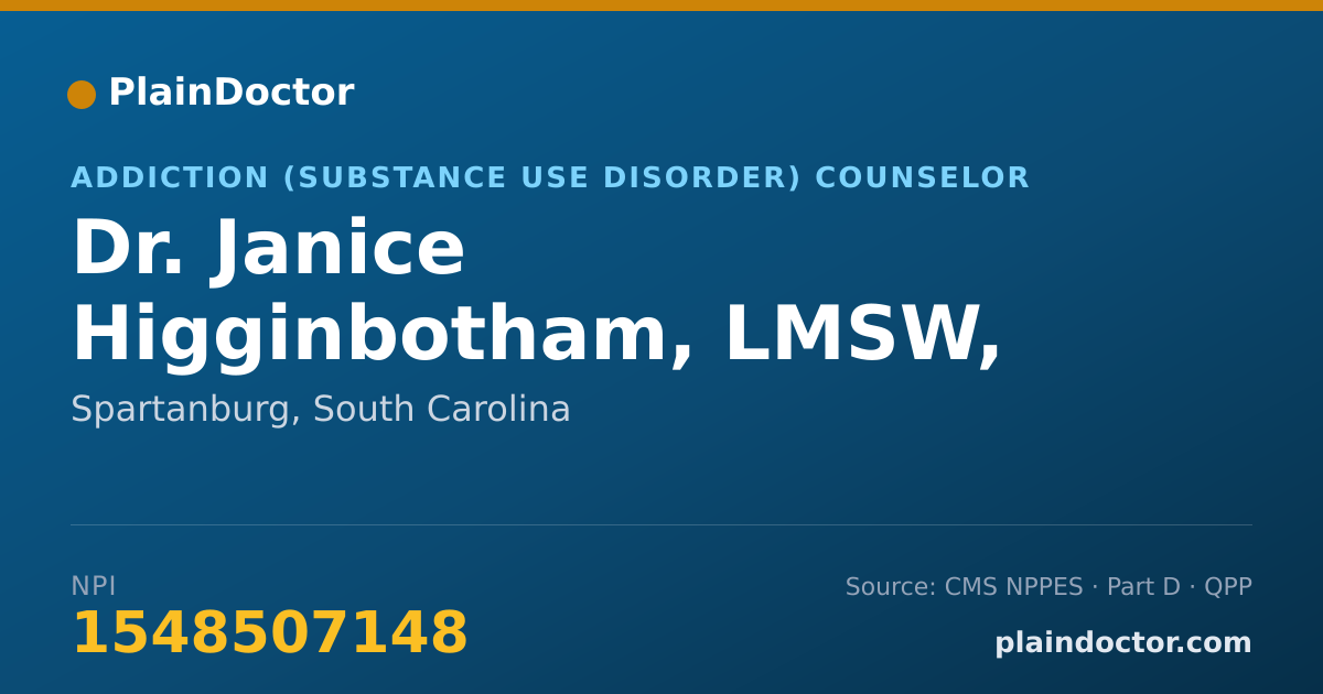 Shareable card for Janice Higginbotham, LMSW, MAC, NCAC II - Addiction (Substance Use Disorder) Counselor, Spartanburg, SC