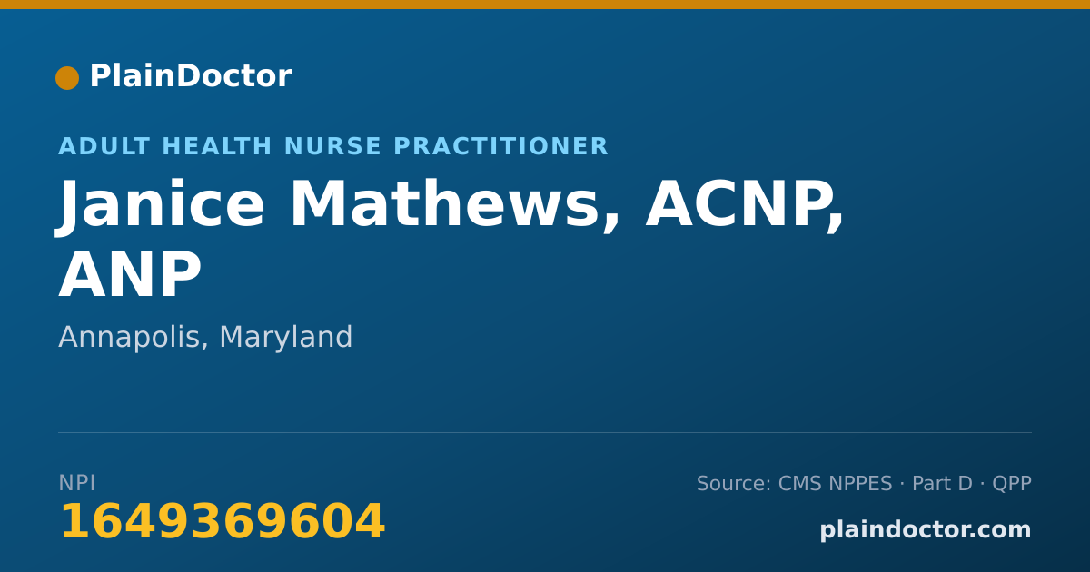 Shareable card for Janice Mathews, ACNP, ANP - Adult Health Nurse Practitioner, Annapolis, MD