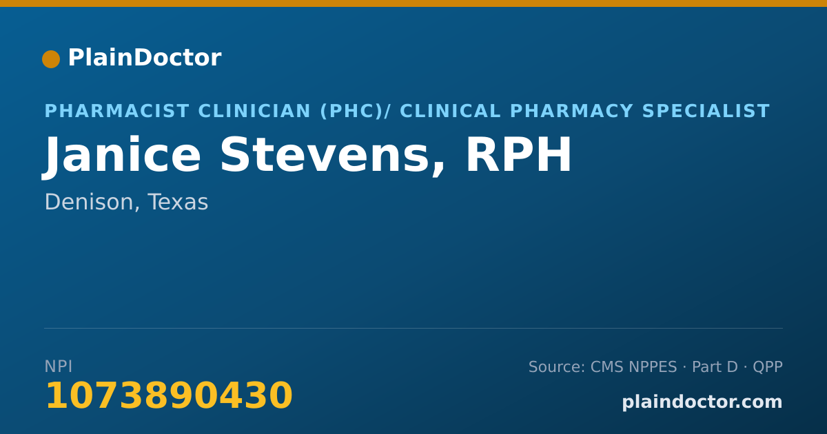 Shareable card for Janice Stevens, RPH - Pharmacist Clinician (PhC)/ Clinical Pharmacy Specialist, Denison, TX