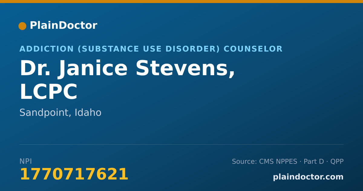 Shareable card for Janice Stevens, LCPC - Addiction (Substance Use Disorder) Counselor, Sandpoint, ID