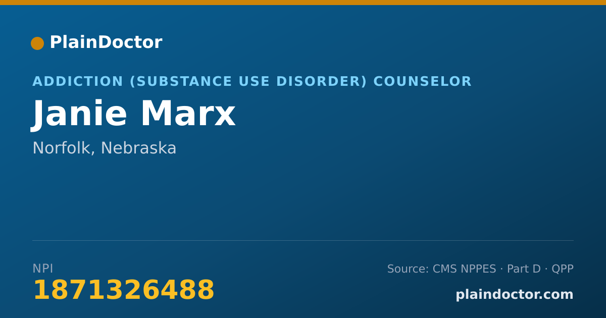 Shareable card for Janie Marx - Addiction (Substance Use Disorder) Counselor, Norfolk, NE