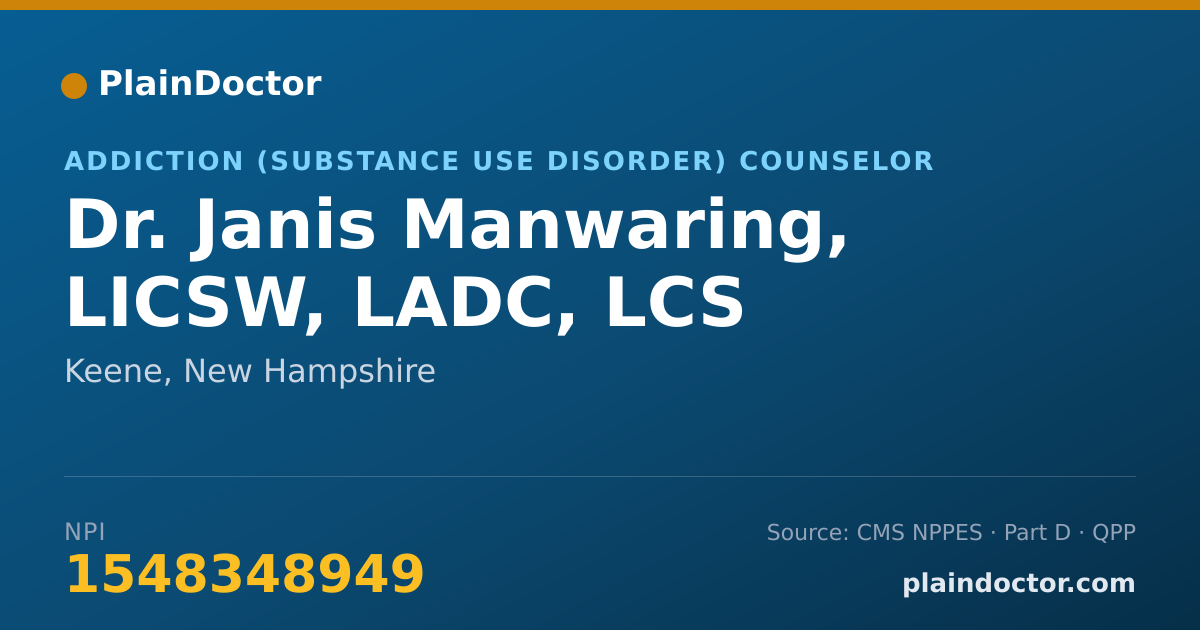 Shareable card for Janis Manwaring, LICSW, LADC, LCS - Addiction (Substance Use Disorder) Counselor, Keene, NH