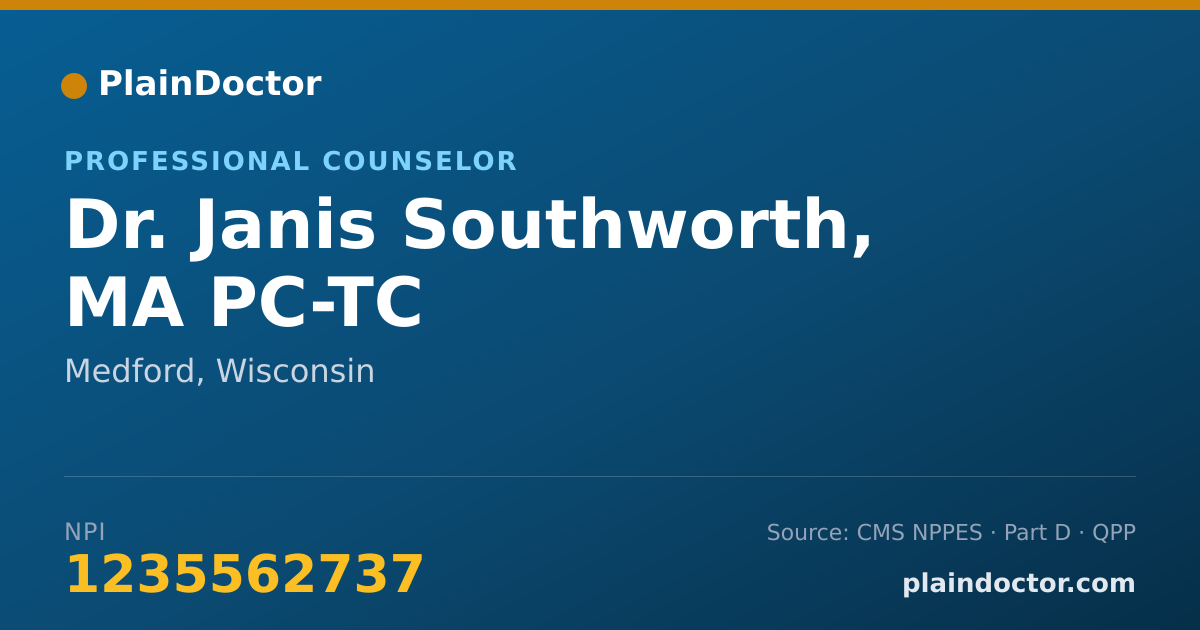 Shareable card for Janis Southworth, MA PC-TC - Professional Counselor, Medford, WI
