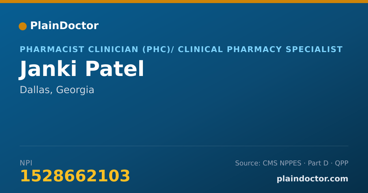 Shareable card for Janki Patel - Pharmacist Clinician (PhC)/ Clinical Pharmacy Specialist, Dallas, GA