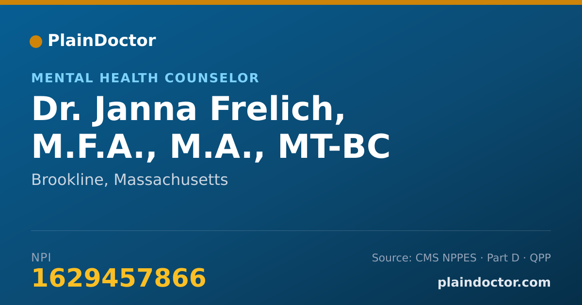 Shareable card for Janna Frelich, M.F.A., M.A., MT-BC - Mental Health Counselor, Brookline, MA