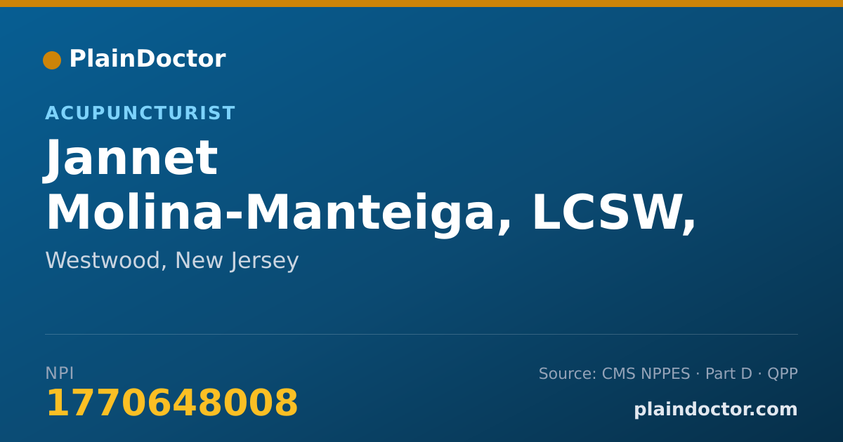 Shareable card for Jannet Molina-Manteiga, LCSW, LAC - Acupuncturist, Westwood, NJ