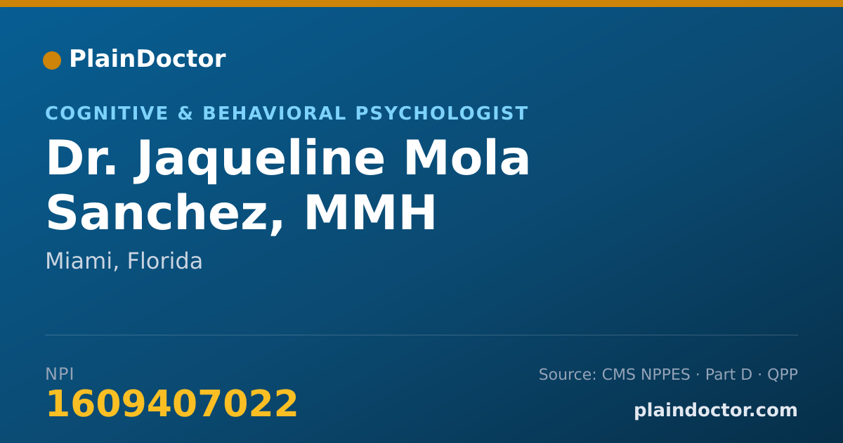 Shareable card for Jaqueline Mola Sanchez, MMH - Cognitive & Behavioral Psychologist, Miami, FL