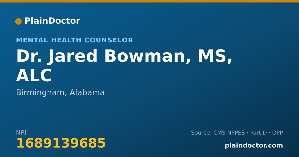 Shareable card for Jared Bowman, MS, ALC - Mental Health Counselor, Birmingham, AL