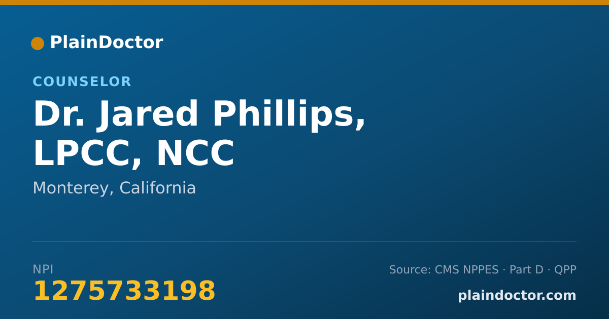 Shareable card for Jared Phillips, LPCC, NCC - Counselor, Monterey, CA