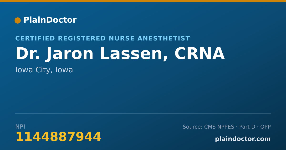 Shareable card for Jaron Lassen, CRNA - Certified Registered Nurse Anesthetist, Iowa City, IA
