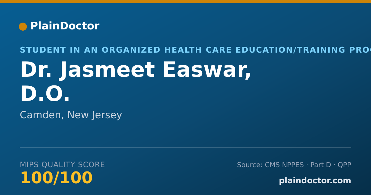 Shareable card for Jasmeet Easwar, D.O. - Student in an Organized Health Care Education/Training Program, Camden, NJ