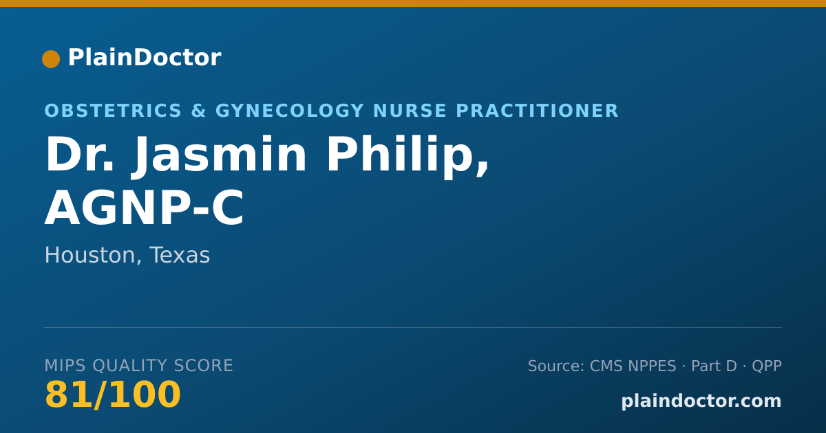 Shareable card for Jasmin Philip, AGNP-C - Obstetrics & Gynecology Nurse Practitioner, Houston, TX