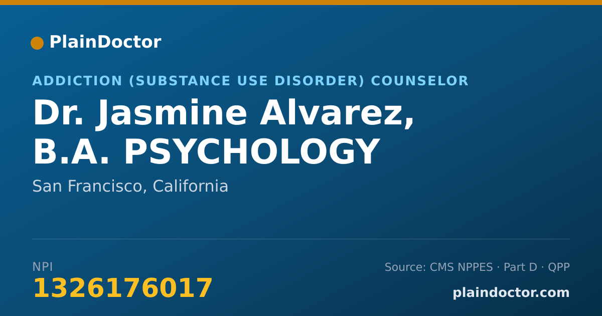 Shareable card for Jasmine Alvarez, B.A. PSYCHOLOGY - Addiction (Substance Use Disorder) Counselor, San Francisco, CA