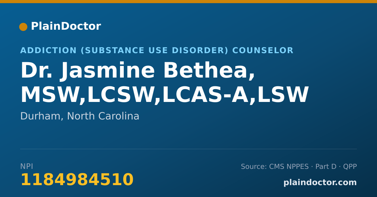 Shareable card for Jasmine Bethea, MSW,LCSW,LCAS-A,LSW - Addiction (Substance Use Disorder) Counselor, Durham, NC