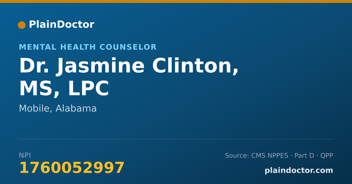 Shareable card for Jasmine Clinton, MS, LPC - Mental Health Counselor, Mobile, AL