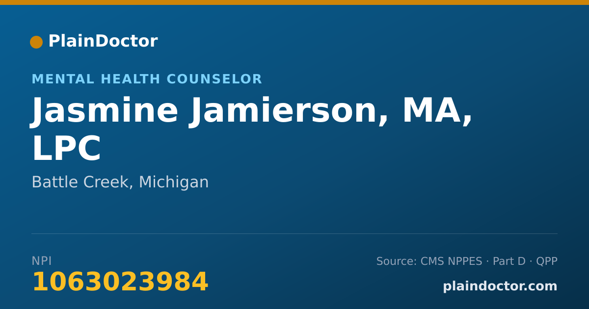 Shareable card for Jasmine Jamierson, MA, LPC - Mental Health Counselor, Battle Creek, MI
