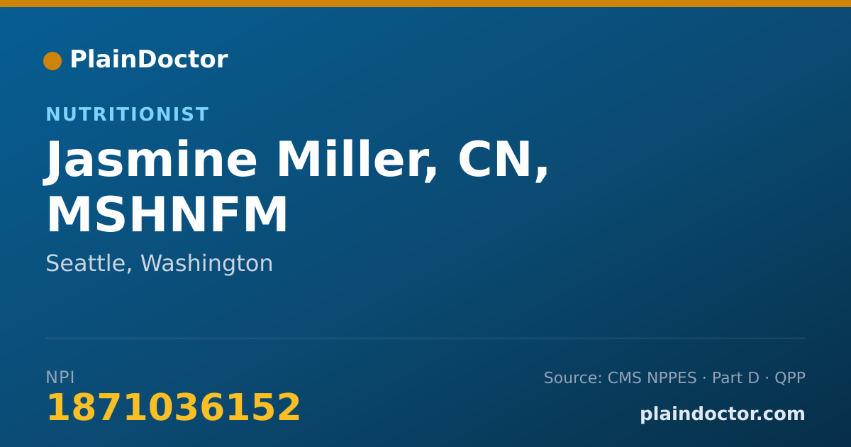 Shareable card for Jasmine Miller, CN, MSHNFM - Nutrition Education Nutritionist, Seattle, WA