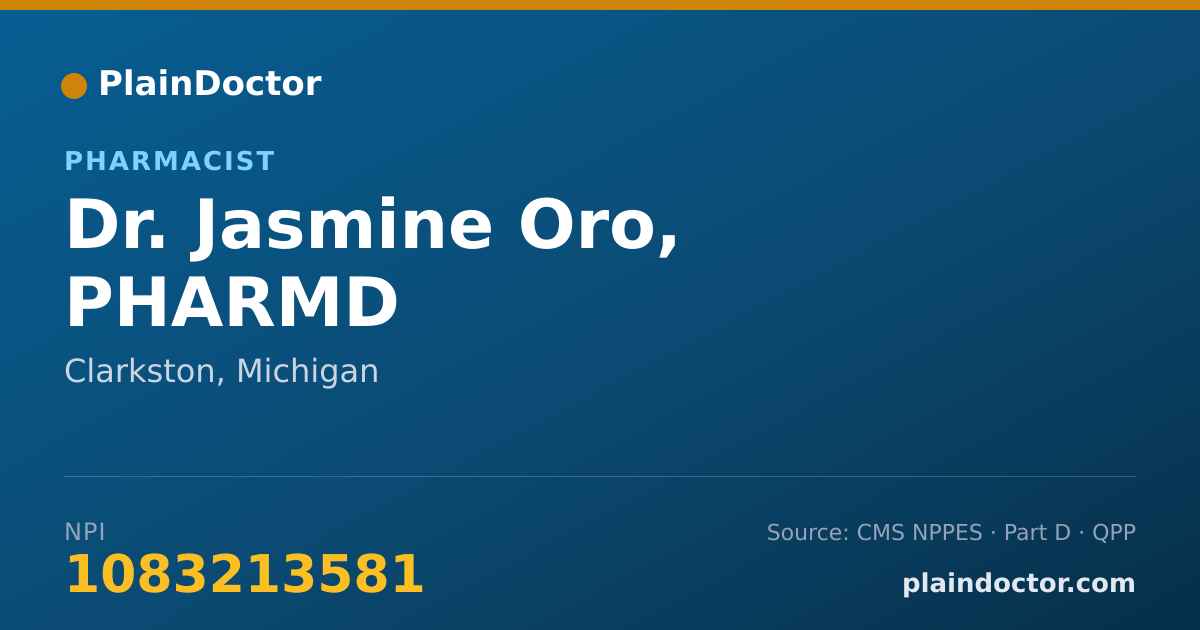 Shareable card for Jasmine Oro, PHARMD - Pharmacist, Clarkston, MI