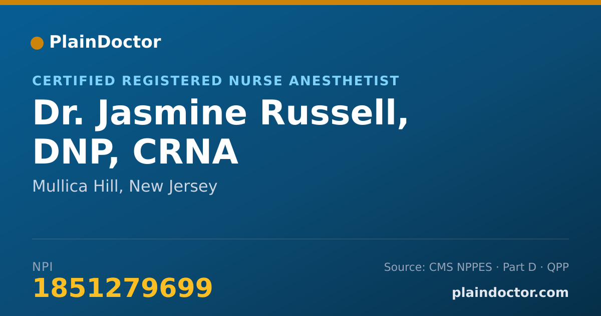 Shareable card for Jasmine Russell, DNP, CRNA - Certified Registered Nurse Anesthetist, Mullica Hill, NJ