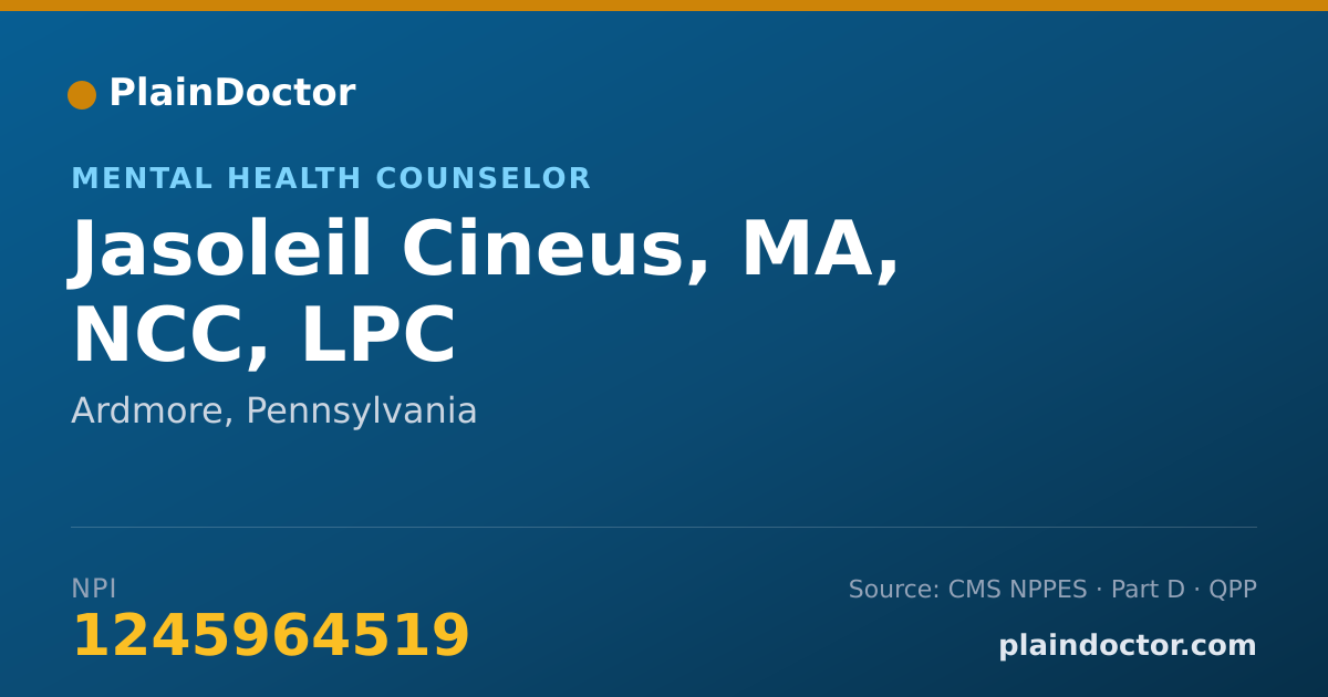Shareable card for Jasoleil Cineus, MA, NCC, LPC - Mental Health Counselor, Ardmore, PA