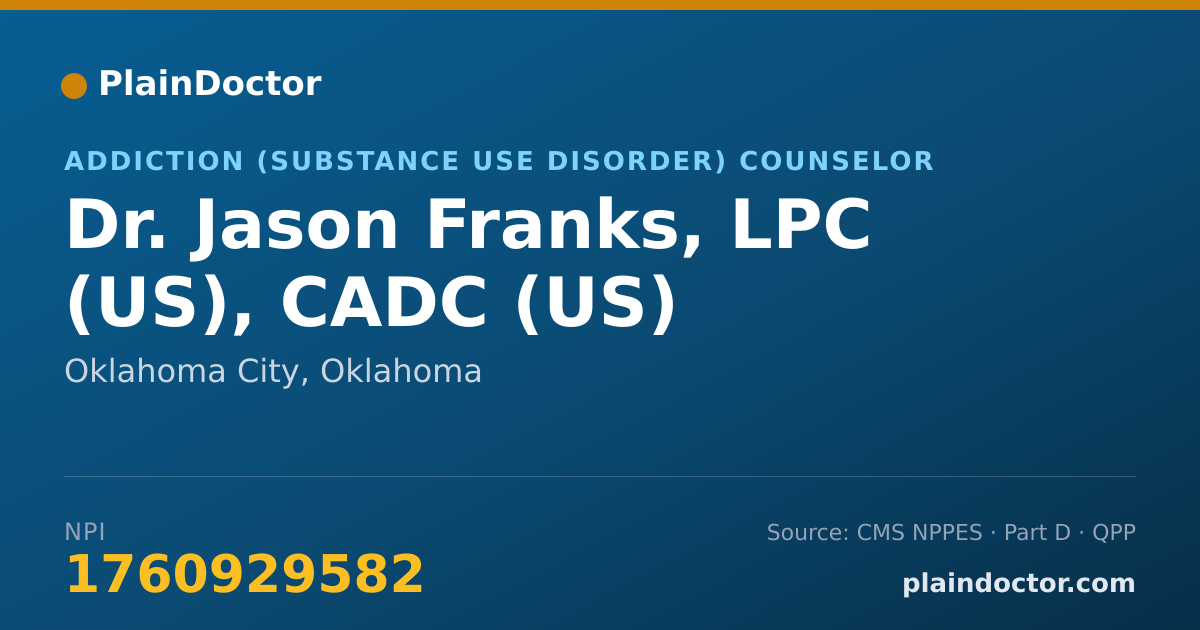Shareable card for Jason Franks, LPC (US), CADC (US) - Addiction (Substance Use Disorder) Counselor, Oklahoma City, OK