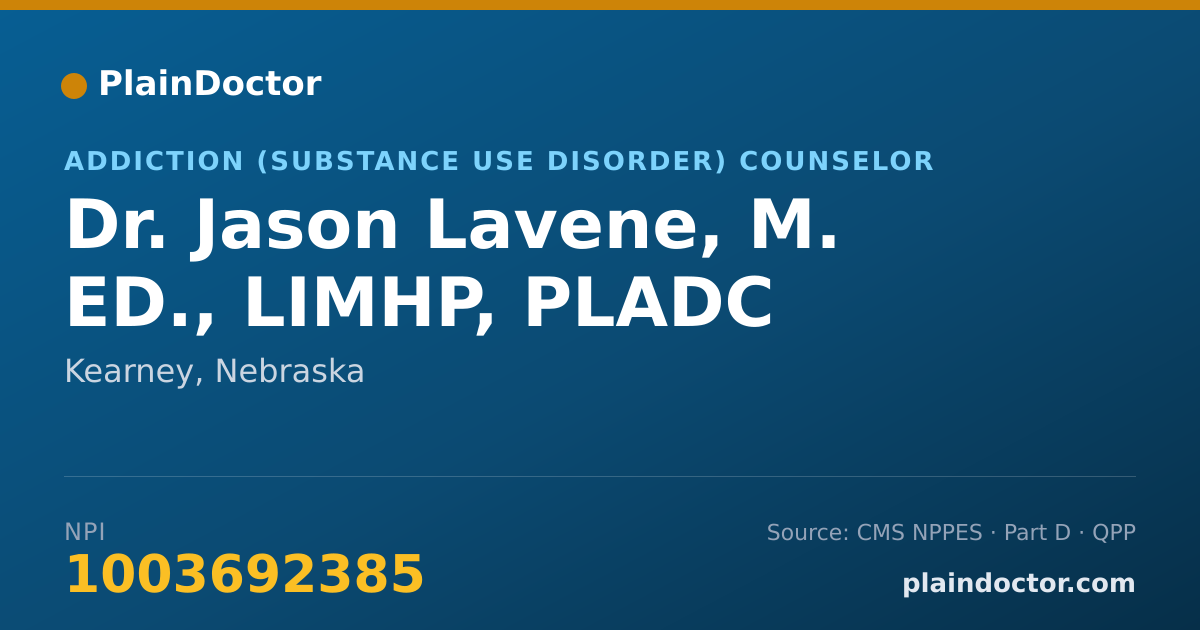 Shareable card for Jason Lavene, M. ED., LIMHP, PLADC - Addiction (Substance Use Disorder) Counselor, Kearney, NE