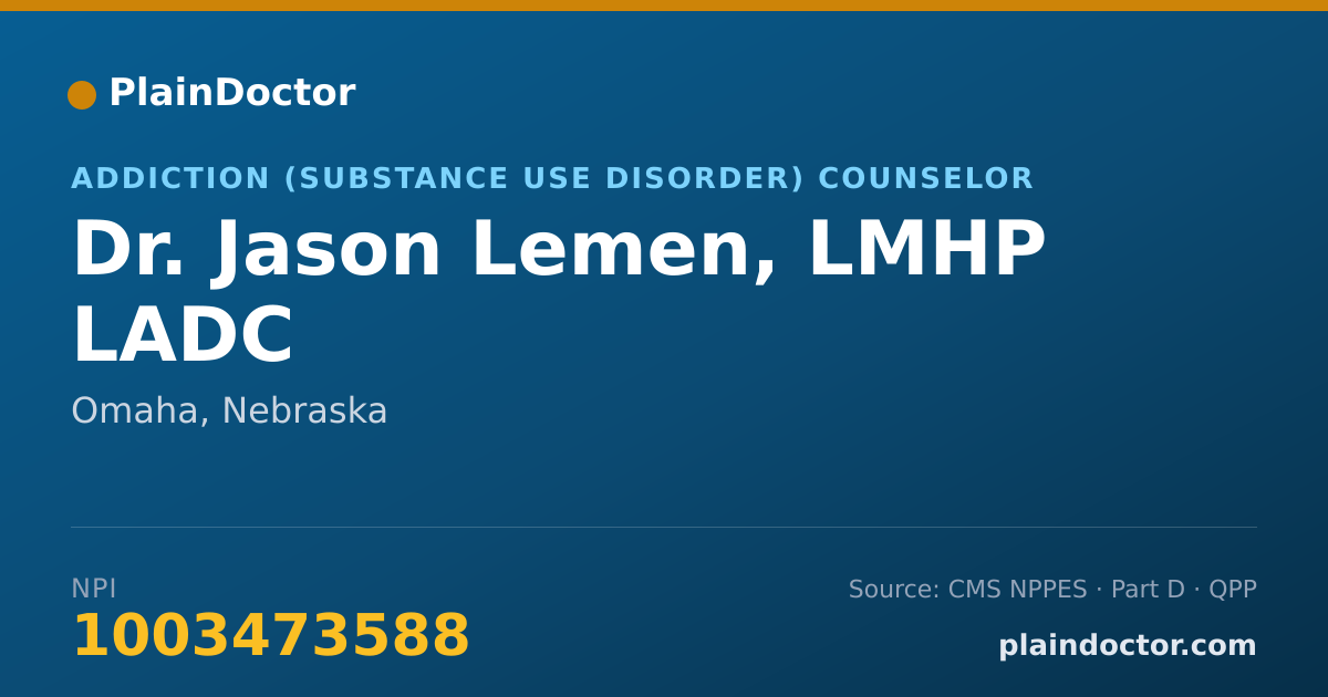 Shareable card for Jason Lemen, LMHP LADC - Addiction (Substance Use Disorder) Counselor, Omaha, NE
