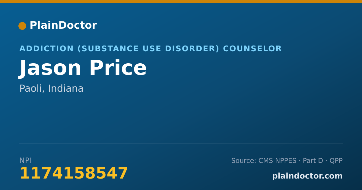 Shareable card for Jason Price - Addiction (Substance Use Disorder) Counselor, Paoli, IN
