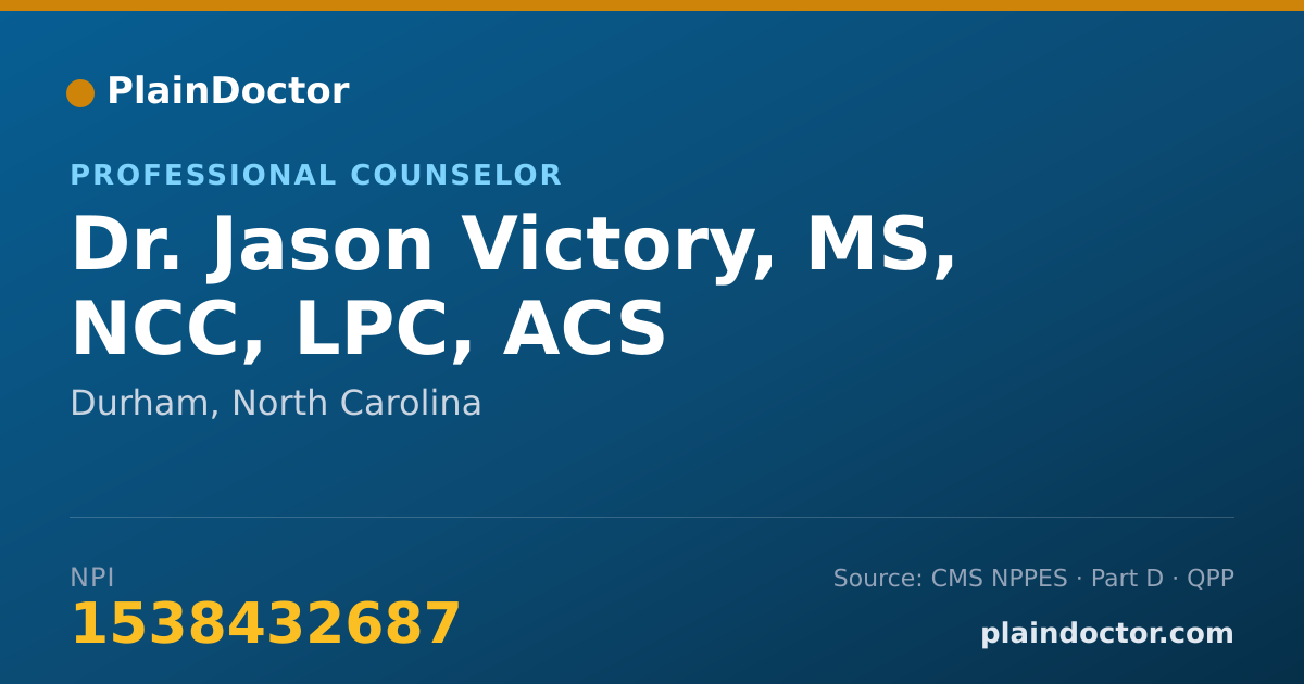 Shareable card for Jason Victory, MS, NCC, LPC, ACS - Professional Counselor, Durham, NC