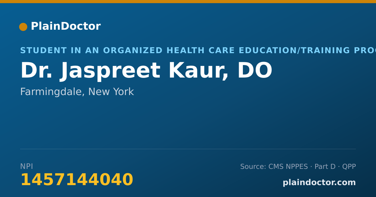 Shareable card for Jaspreet Kaur, DO - Student in an Organized Health Care Education/Training Program, Farmingdale, NY