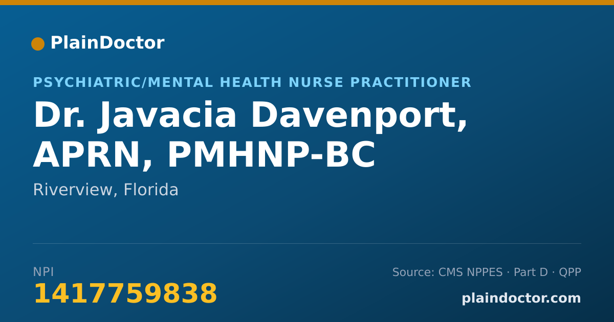 Shareable card for Javacia Davenport, APRN, PMHNP-BC - Psychiatric/Mental Health Nurse Practitioner, Riverview, FL