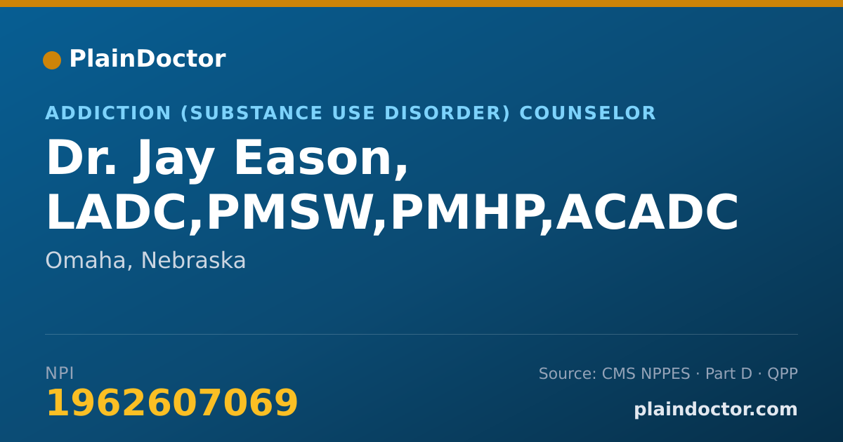 Shareable card for Jay Eason, LADC,PMSW,PMHP,ACADC - Addiction (Substance Use Disorder) Counselor, Omaha, NE