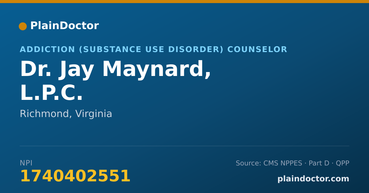 Shareable card for Jay Maynard, L.P.C. - Addiction (Substance Use Disorder) Counselor, Richmond, VA