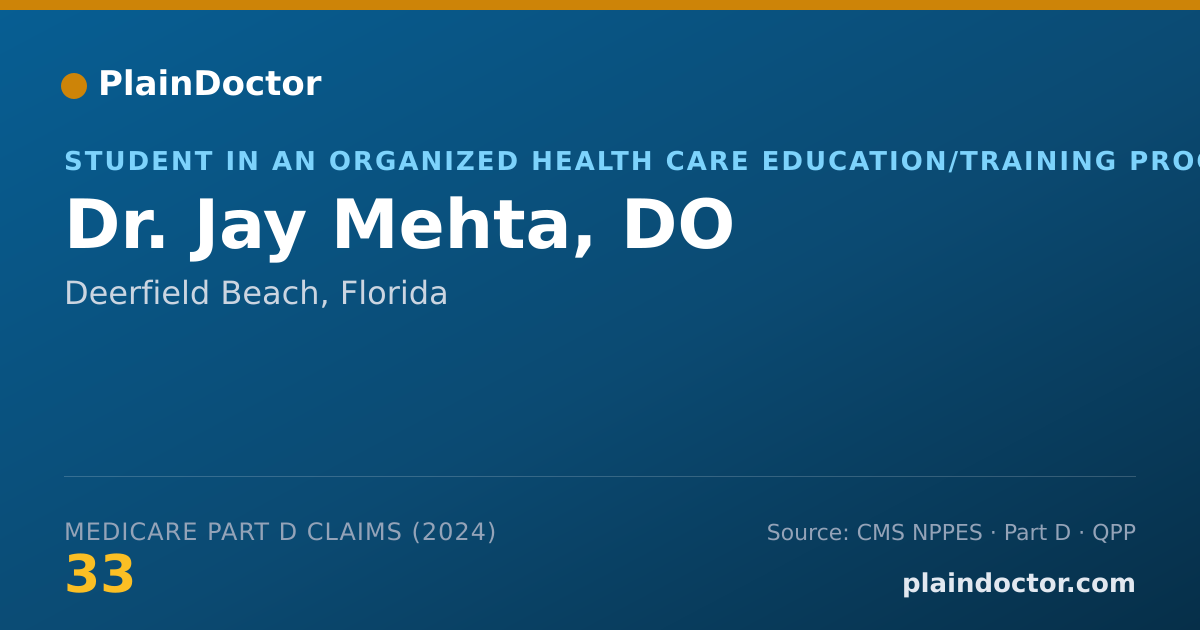 Shareable card for Jay Mehta, DO - Student in an Organized Health Care Education/Training Program, Deerfield Beach, FL