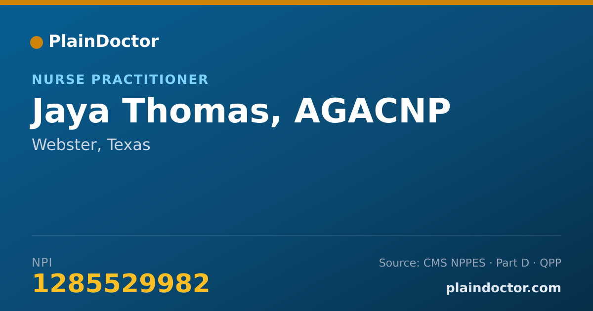 Shareable card for Jaya Thomas, AGACNP - Nurse Practitioner, Webster, TX