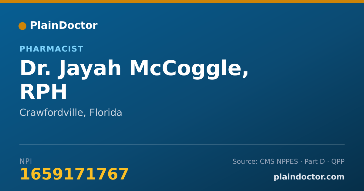 Shareable card for Jayah McCoggle, RPH - Pharmacist, Crawfordville, FL