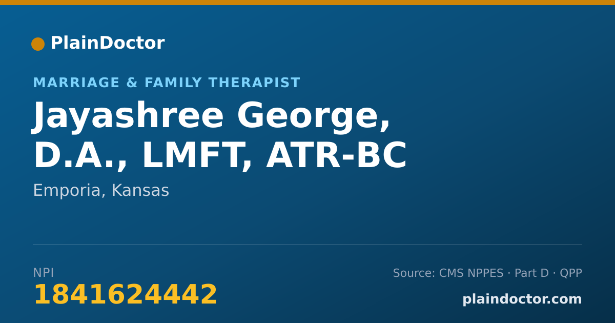 Shareable card for Jayashree George, D.A., LMFT, ATR-BC - Marriage & Family Therapist, Emporia, KS