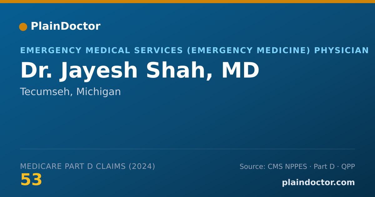 Shareable card for Jayesh Shah, MD - Emergency Medical Services (Emergency Medicine) Physician, Tecumseh, MI