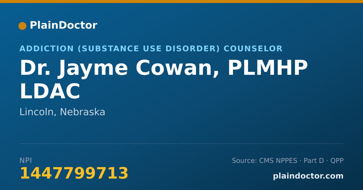 Shareable card for Jayme Cowan, PLMHP  LDAC - Addiction (Substance Use Disorder) Counselor, Lincoln, NE