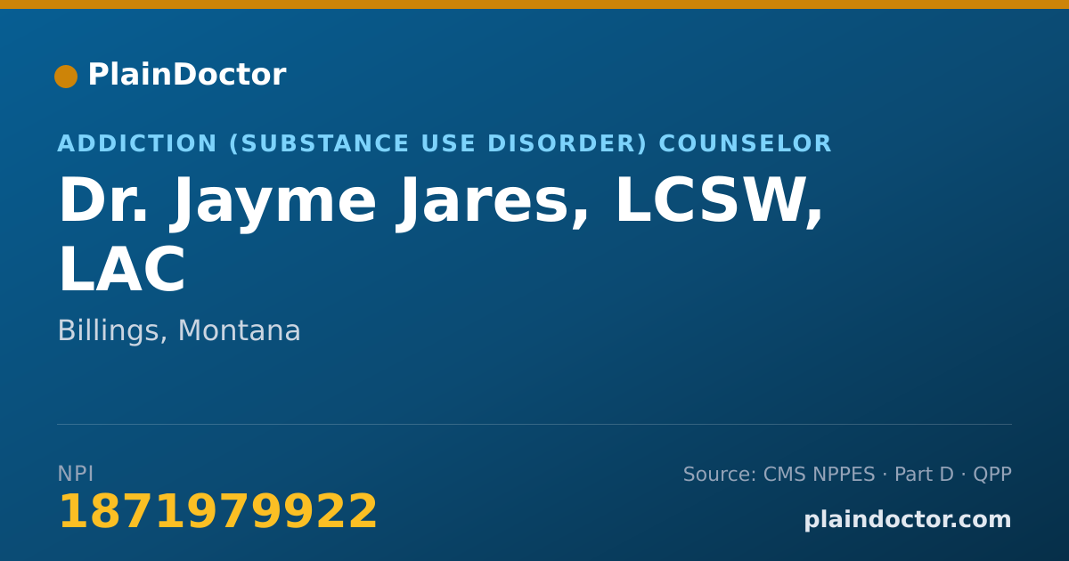 Shareable card for Jayme Jares, LCSW, LAC - Addiction (Substance Use Disorder) Counselor, Billings, MT