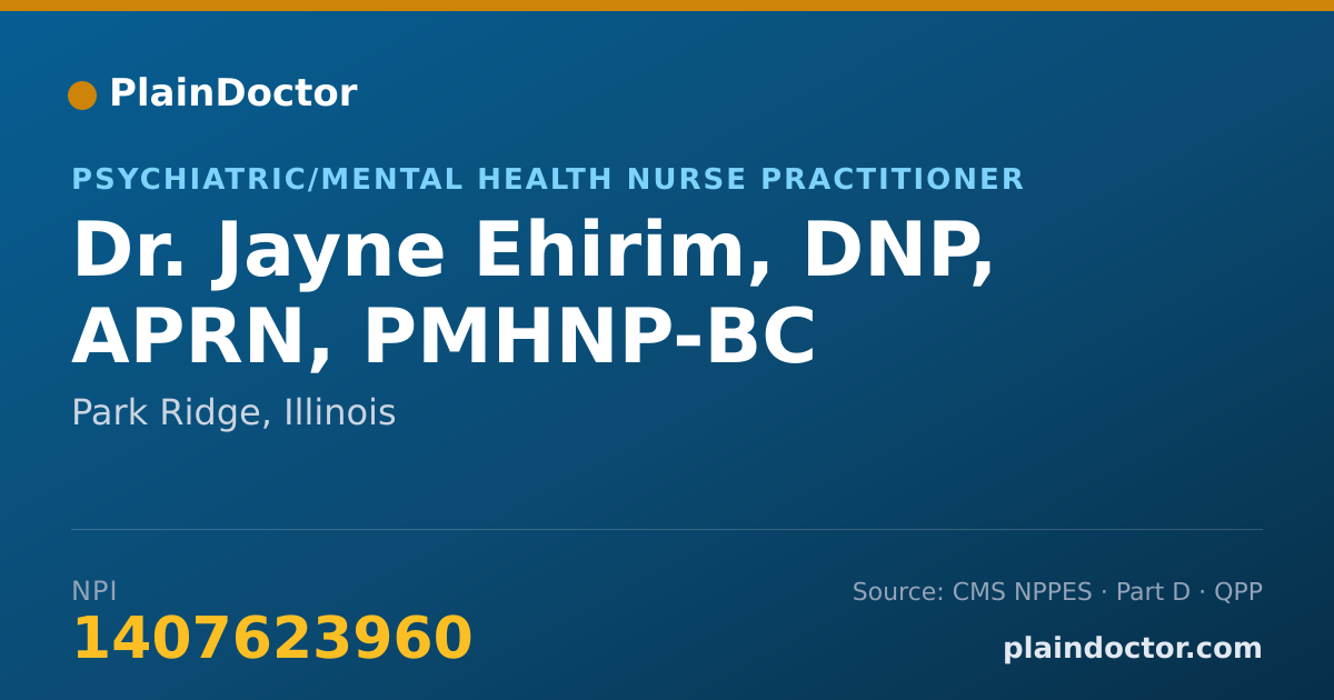 Shareable card for Jayne Ehirim, DNP, APRN, PMHNP-BC - Psychiatric/Mental Health Nurse Practitioner, Park Ridge, IL