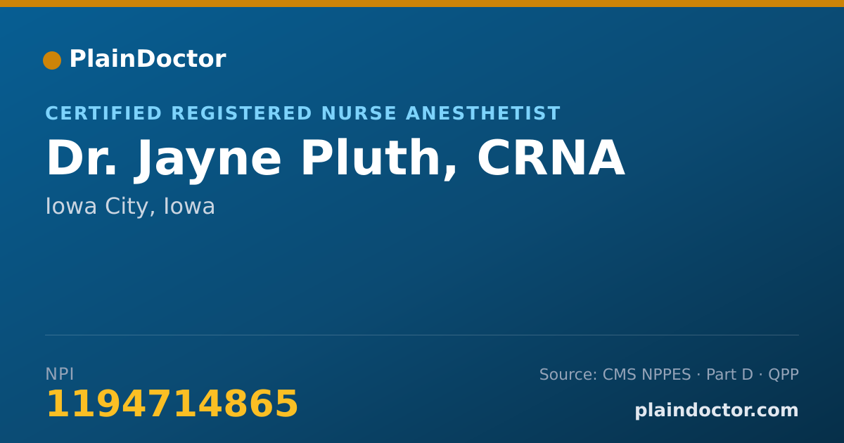 Shareable card for Jayne Pluth, CRNA - Certified Registered Nurse Anesthetist, Iowa City, IA