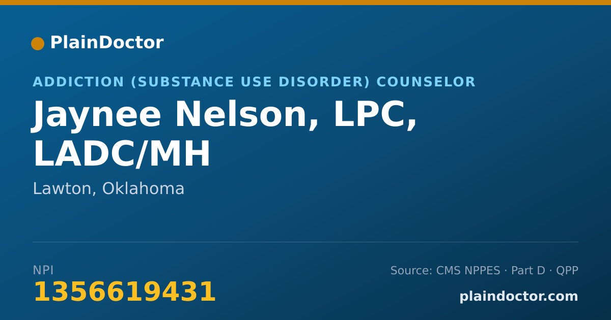 Shareable card for Jaynee Nelson, LPC, LADC/MH - Addiction (Substance Use Disorder) Counselor, Lawton, OK