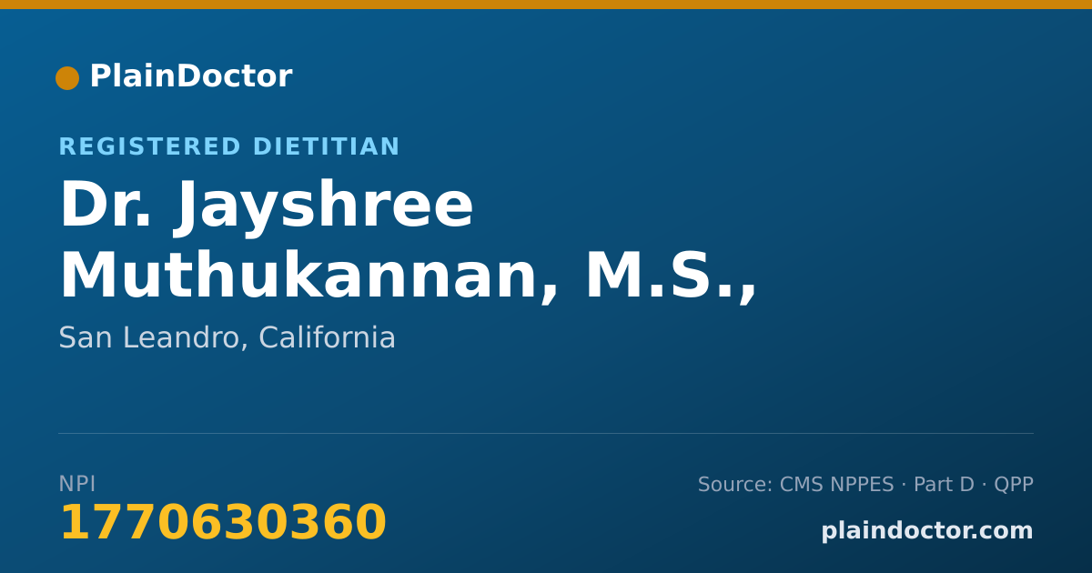 Shareable card for Jayshree Muthukannan, M.S., R.D. - Registered Dietitian, San Leandro, CA