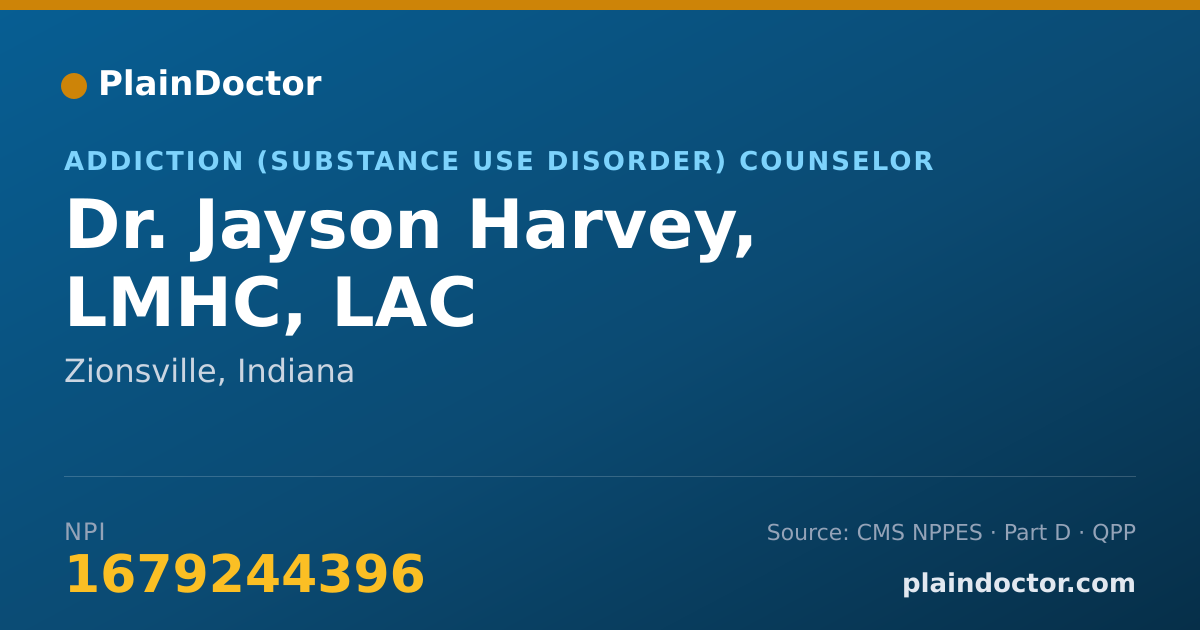 Shareable card for Jayson Harvey, LMHC, LAC - Addiction (Substance Use Disorder) Counselor, Zionsville, IN