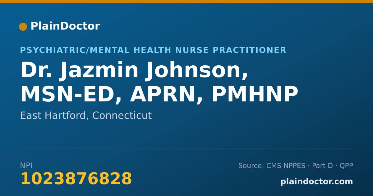 Shareable card for Jazmin Johnson, MSN-ED, APRN, PMHNP - Psychiatric/Mental Health Nurse Practitioner, East Hartford, CT